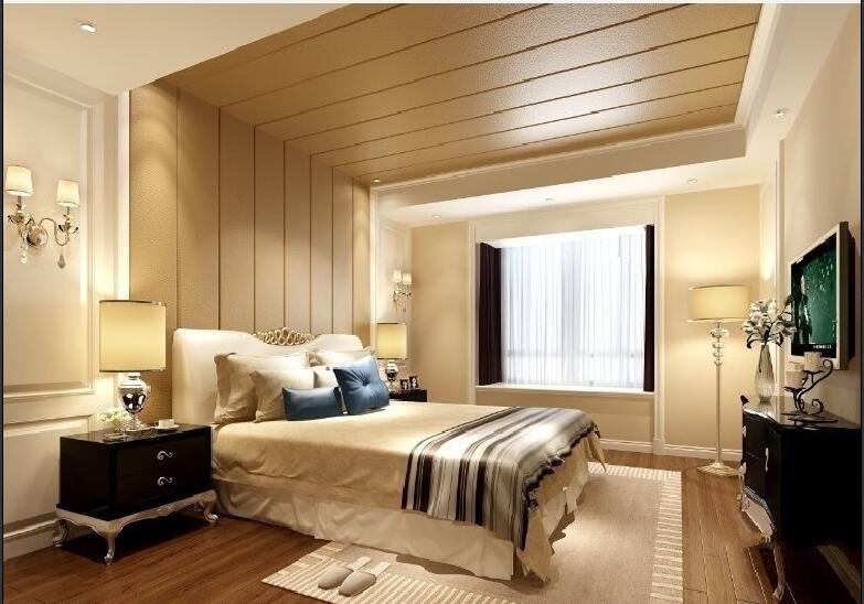 白城南建设小区卧室木条床头吊顶壁灯卧室飘窗地毯效果图